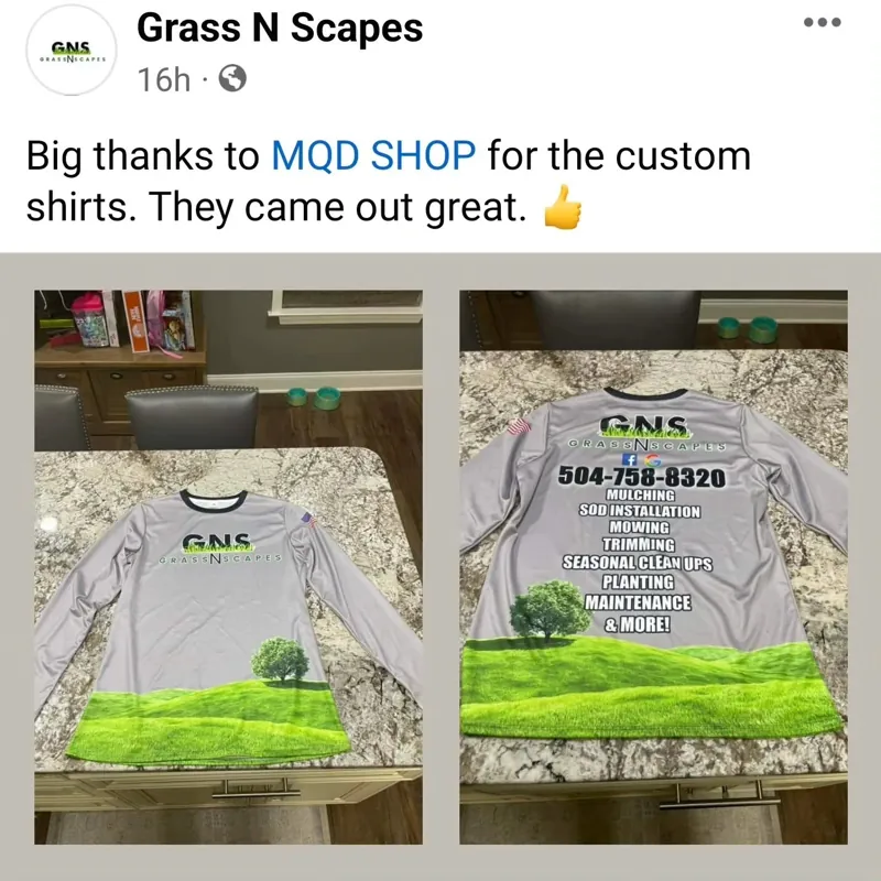 Grass N Scapes customer testimonial with front and back photos of custom shirts