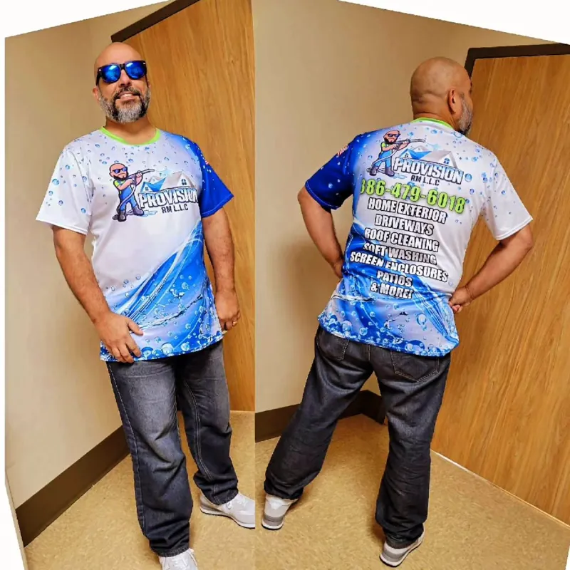 Provision crew showing the front and back of blue custom work shirts